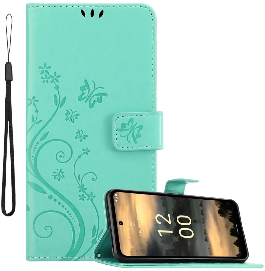 Cadorabo Hoesje geschikt voor Nokia XR21 in BLOEMEN TURKOOIS - Beschermhoes in bloemmotief met magnetische sluiting, standfunctie en kaartsleuven Book Case Cover Etui