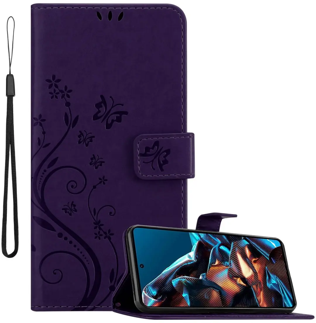 Cadorabo Hoesje geschikt voor Xiaomi Poco X5 Pro in BLOEMEN DONKER PAARS - Beschermhoes in bloemmotief met magnetische sluiting, standfunctie en kaartsleuven Book Case Cover Etui