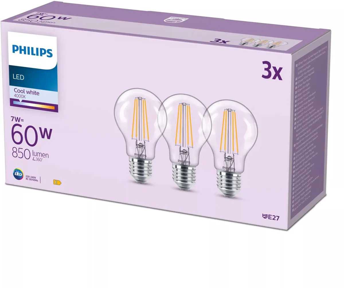 Philips LED Lamp Transparant 7W E27 - 4000K - 3 Stuks
