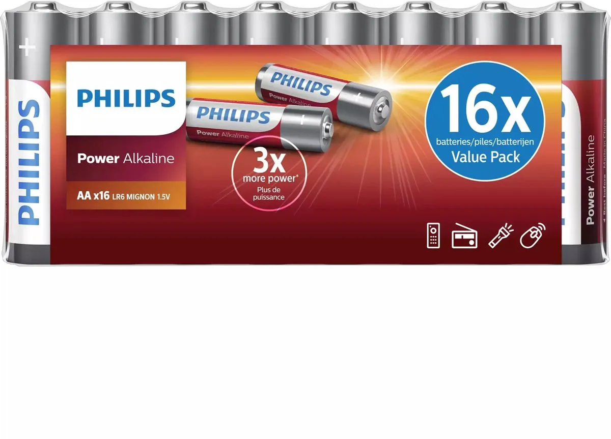 Philips AA Alkaline Batterij 2500mAh - 16 Stuks