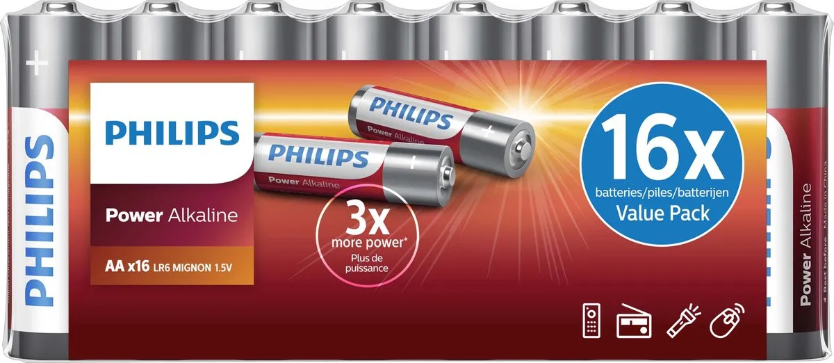 Philips AA Alkaline Batterij 2500mAh - 16 Stuks