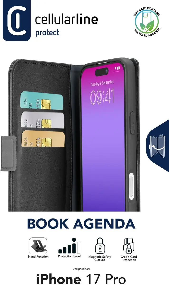 Cellularline Book Agenda 2 iPhone 17 Pro Hoesje - Zwart - afbeelding 6 van 6