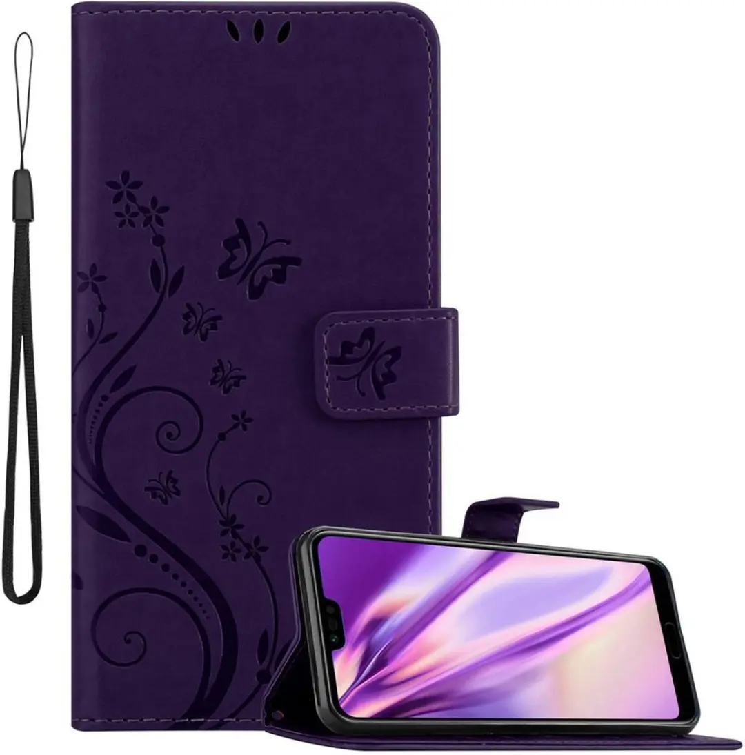 Cadorabo Hoesje geschikt voor Honor 10 in BLOEMEN DONKER PAARS - Beschermhoes in bloemmotief met magnetische sluiting, standfunctie en kaartsleuven Book Case Cover Etui