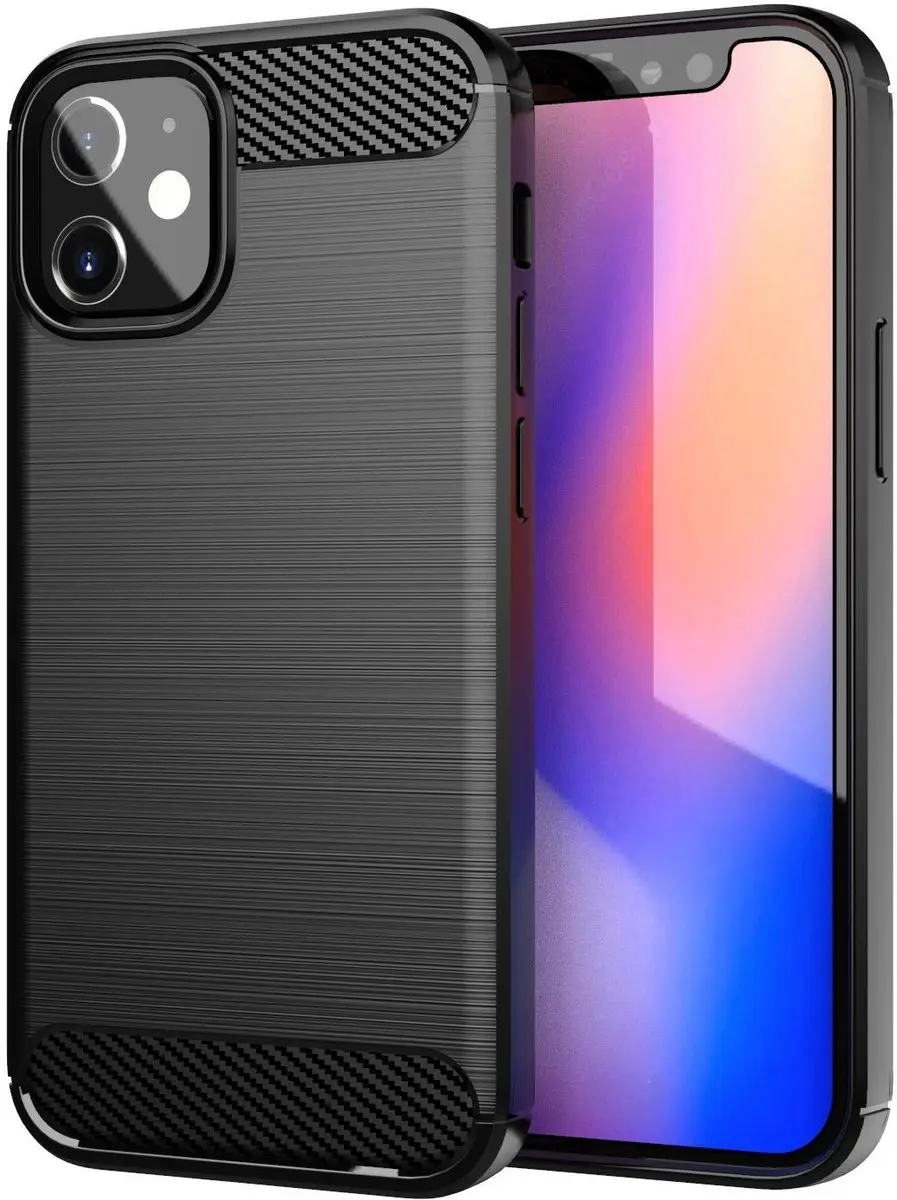 Cadorabo Hoesje geschikt voor Apple iPhone 12 MINI in Brushed Zwart - Beschermhoes van flexibel TPU siliconen in roestvrij staal-carbonvezel look Case Cover