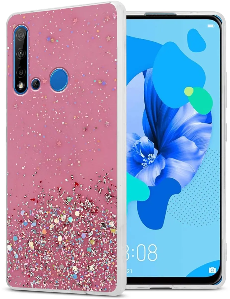 Cadorabo Hoesje geschikt voor Huawei NOVA 5i / P20 LITE 2019 in Roze met Glitter