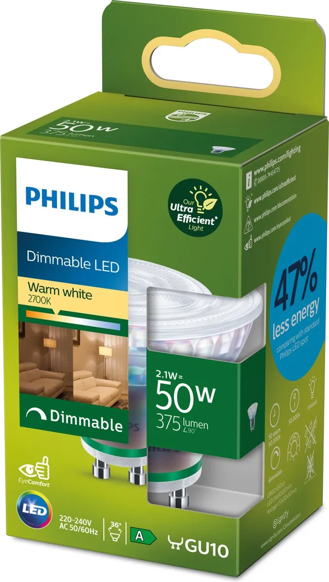Philips Ultra Efficient LED Spot GU10 2.1W Warmwit Dimbaar