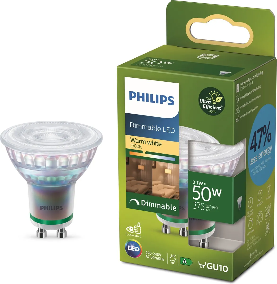 Philips Ultra Efficient LED Spot GU10 2.1W Warmwit Dimbaar