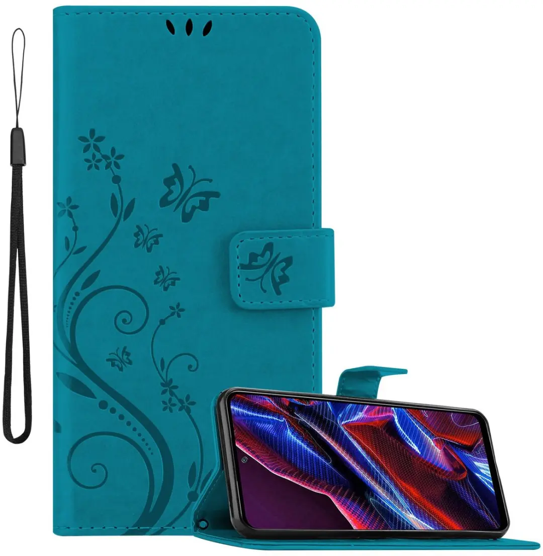 Cadorabo Hoesje geschikt voor Xiaomi Poco X5 in BLOEMEN BLAUW - Beschermhoes in bloemmotief met magnetische sluiting, standfunctie en kaartsleuven Book Case Cover Etui