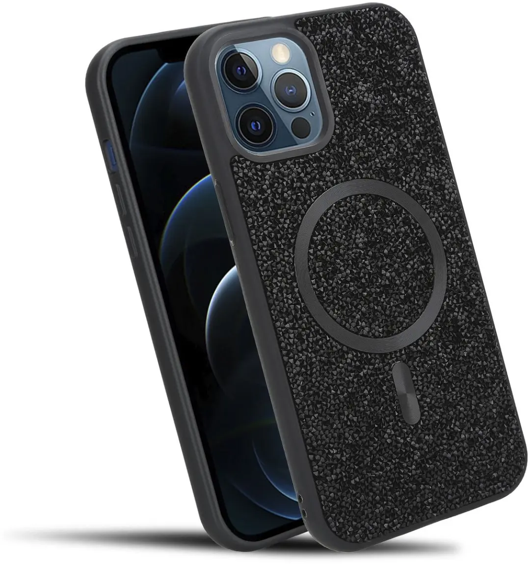 Hoesje geschikt voor iPhone 12 PRO MAX in Zwart Diamant Glitter Stijl