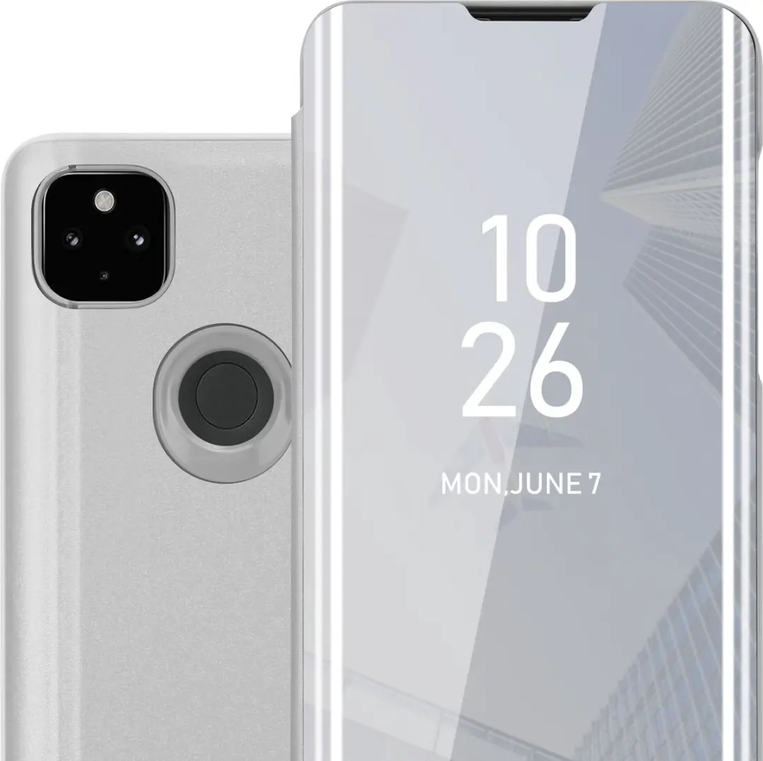 Cadorabo Hoesje geschikt voor Google PIXEL 4A in AGAAT ZILVER - Clear View Spiegel Beschermende Case met Tribunefunctie 360 Graden Bescherming Book Case Cover Etui