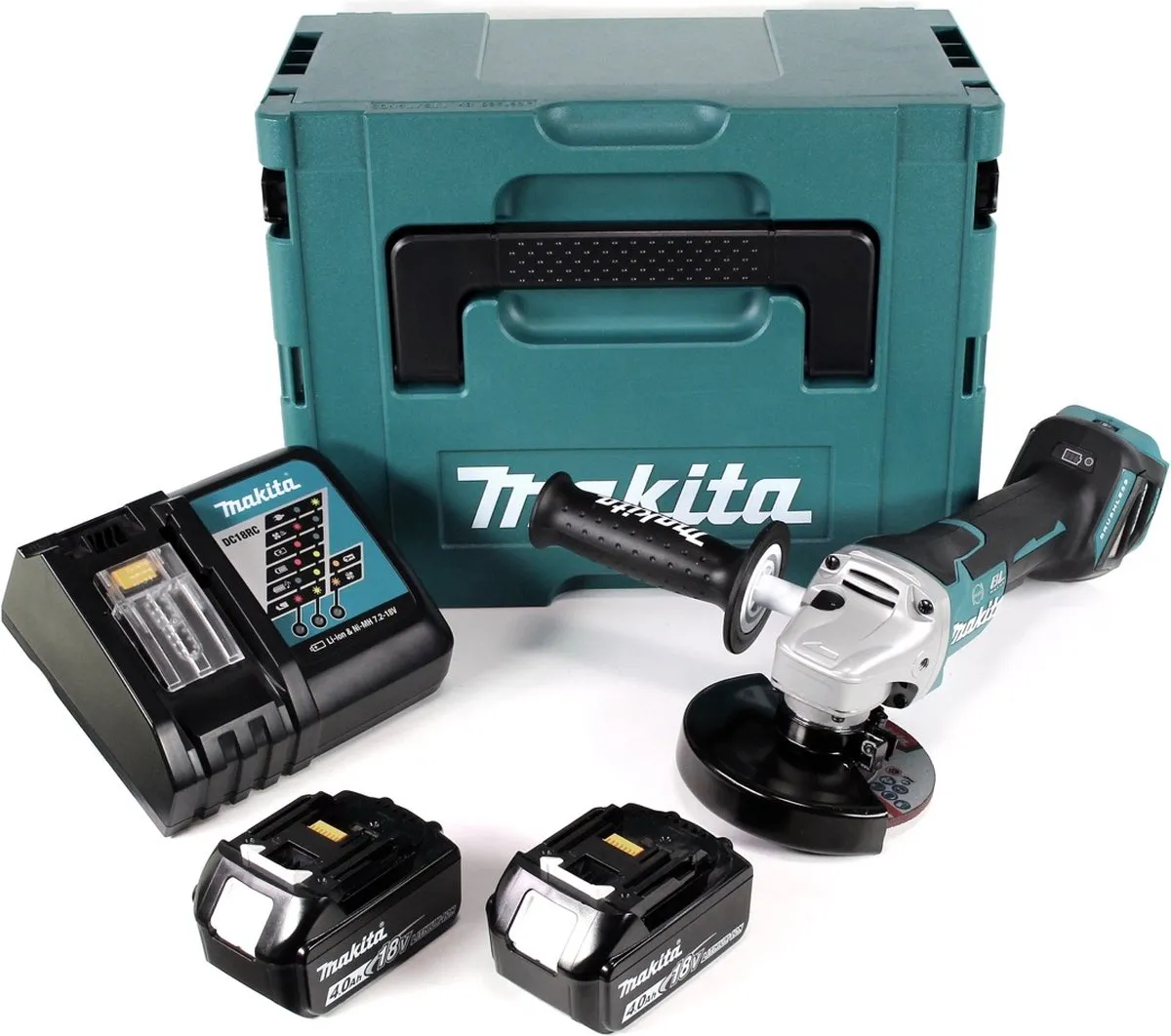 Makita DGA 517 RMJ Accu Haakse Slijper 18V 125mm - Borstelloos - 2x 4.0Ah + Lader + Makpac