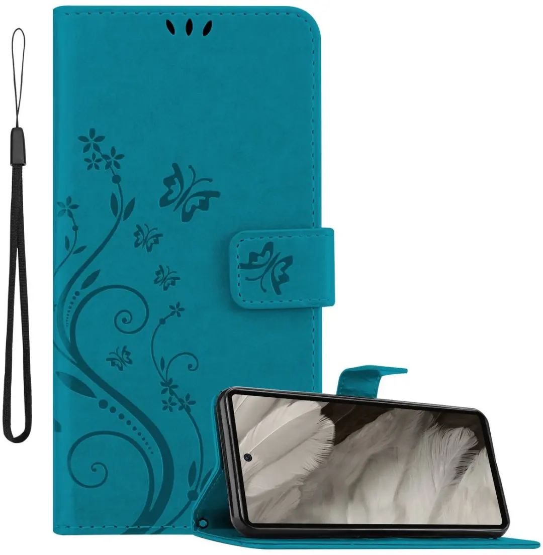Cadorabo Hoesje geschikt voor Google Pixel 7A in BLOEMEN BLAUW - Beschermhoes in bloemmotief met magnetische sluiting, standfunctie en kaartsleuven Book Case Cover Etui