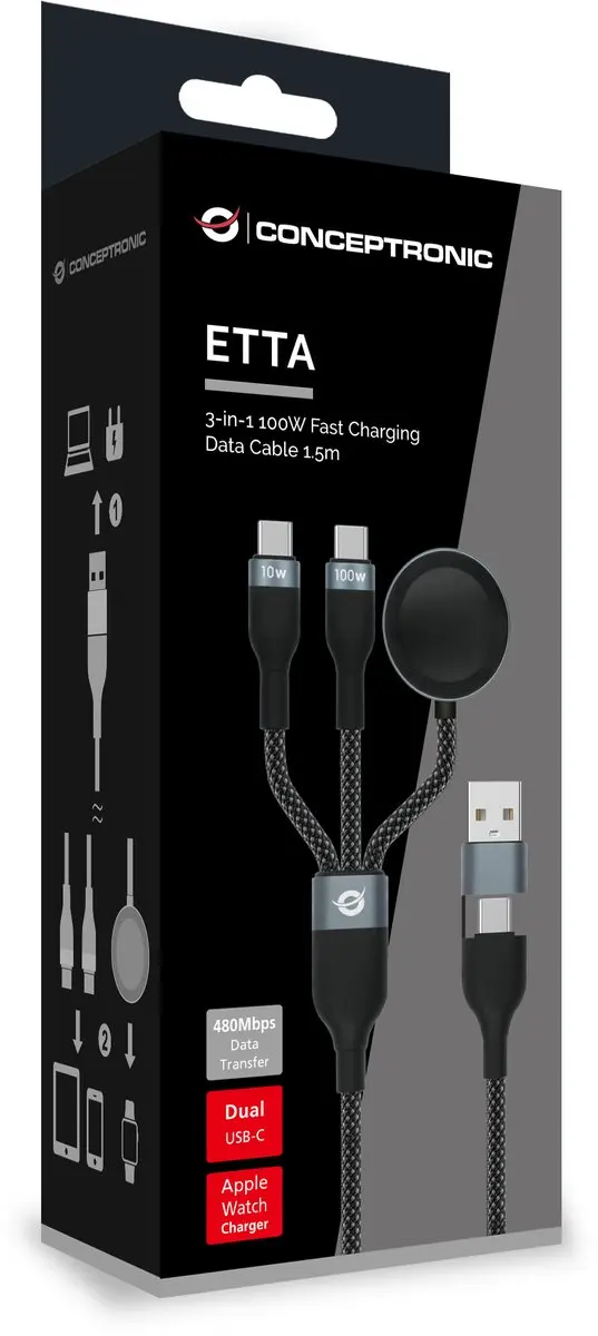 Conceptronic ETTA08B15 USB-kabel - 1,5m - Zwart - afbeelding 2 van 3