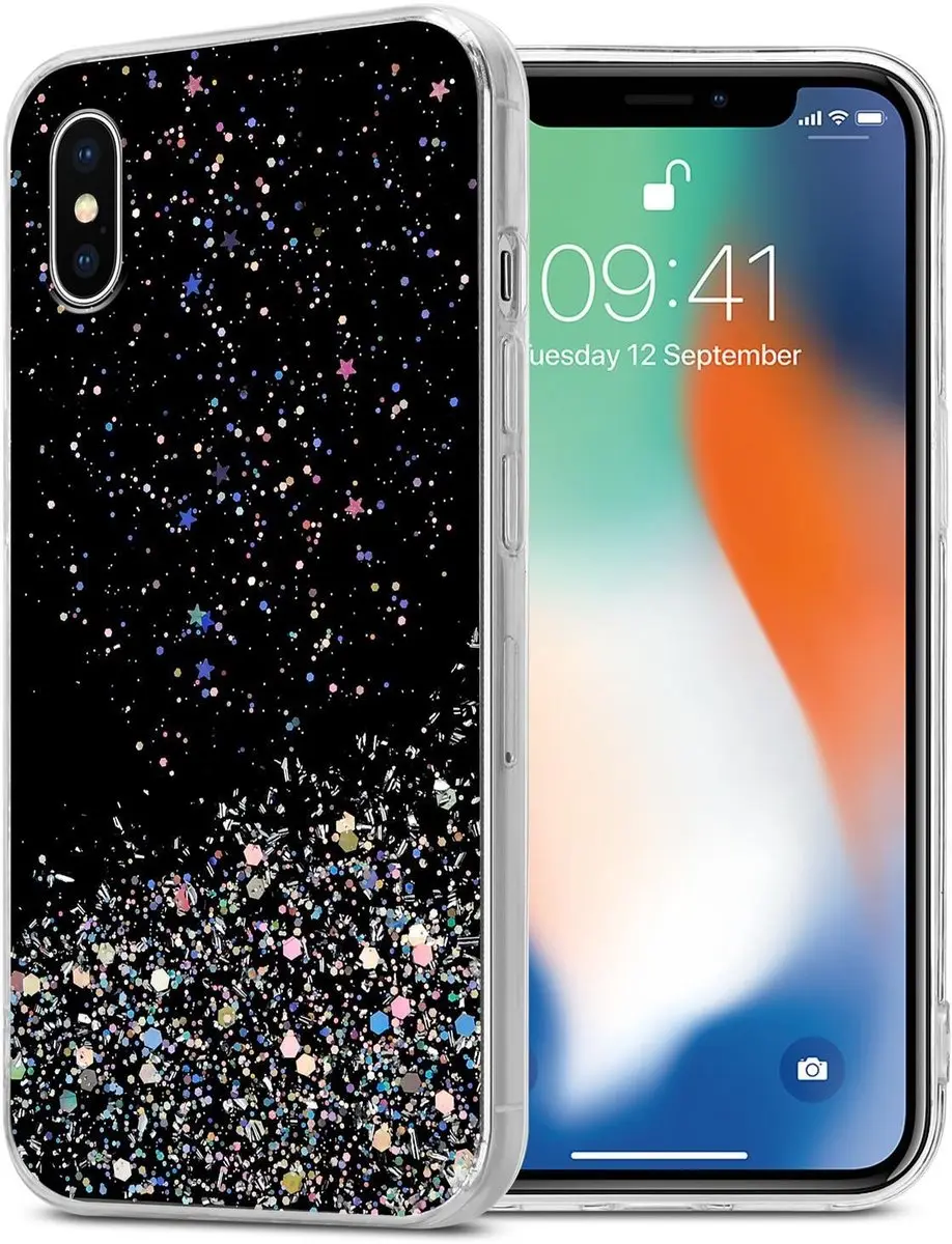 Cadorabo Hoesje geschikt voor Apple iPhone X / XS in Zwart met Glitter