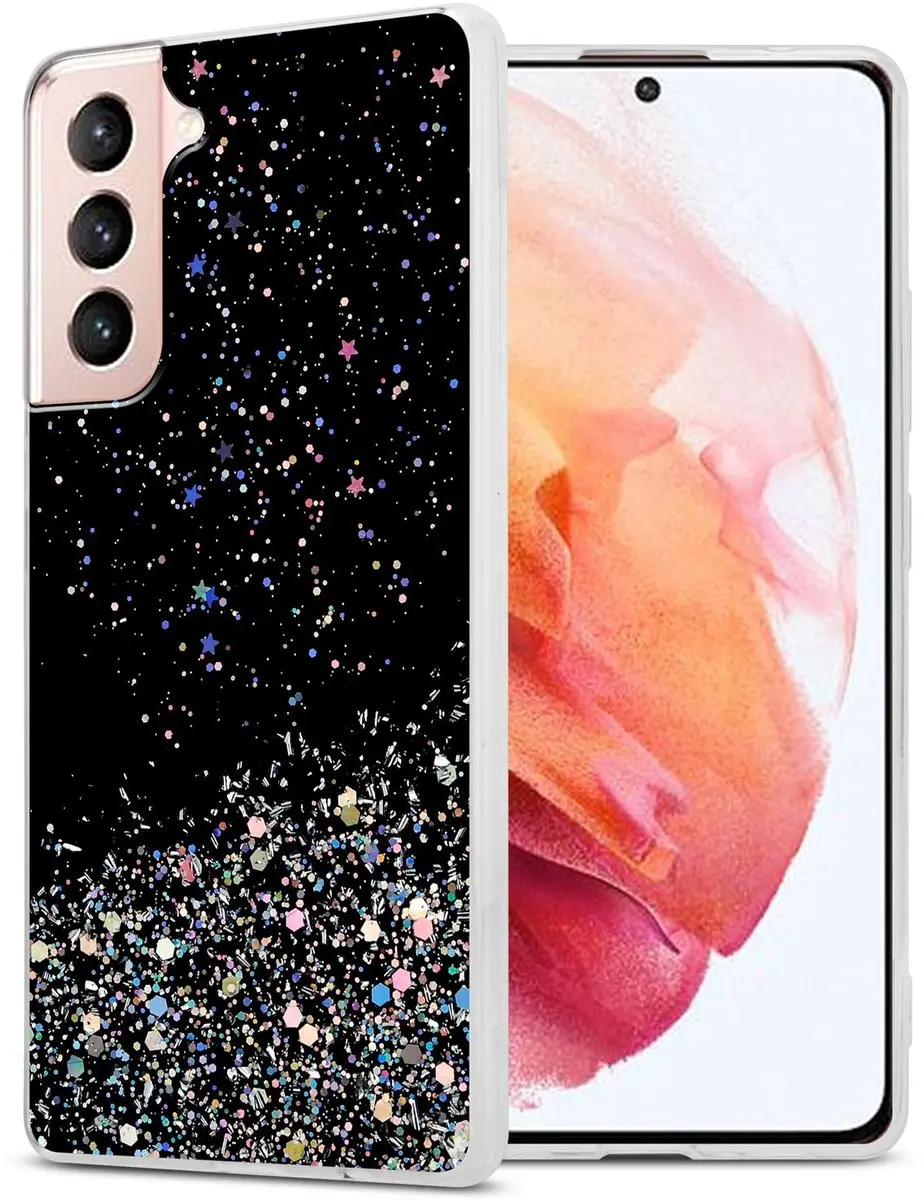 Cadorabo Hoesje geschikt voor Samsung Galaxy S21 5G in Zwart met Glitter - Beschermhoes van flexibel TPU silicone met fonkelende glitters Case Cover Etui