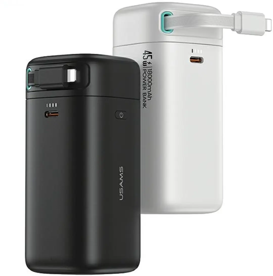 USAMS Retractable Serie Powerbank 18000mAh - 45W - Zwart - afbeelding 2 van 6