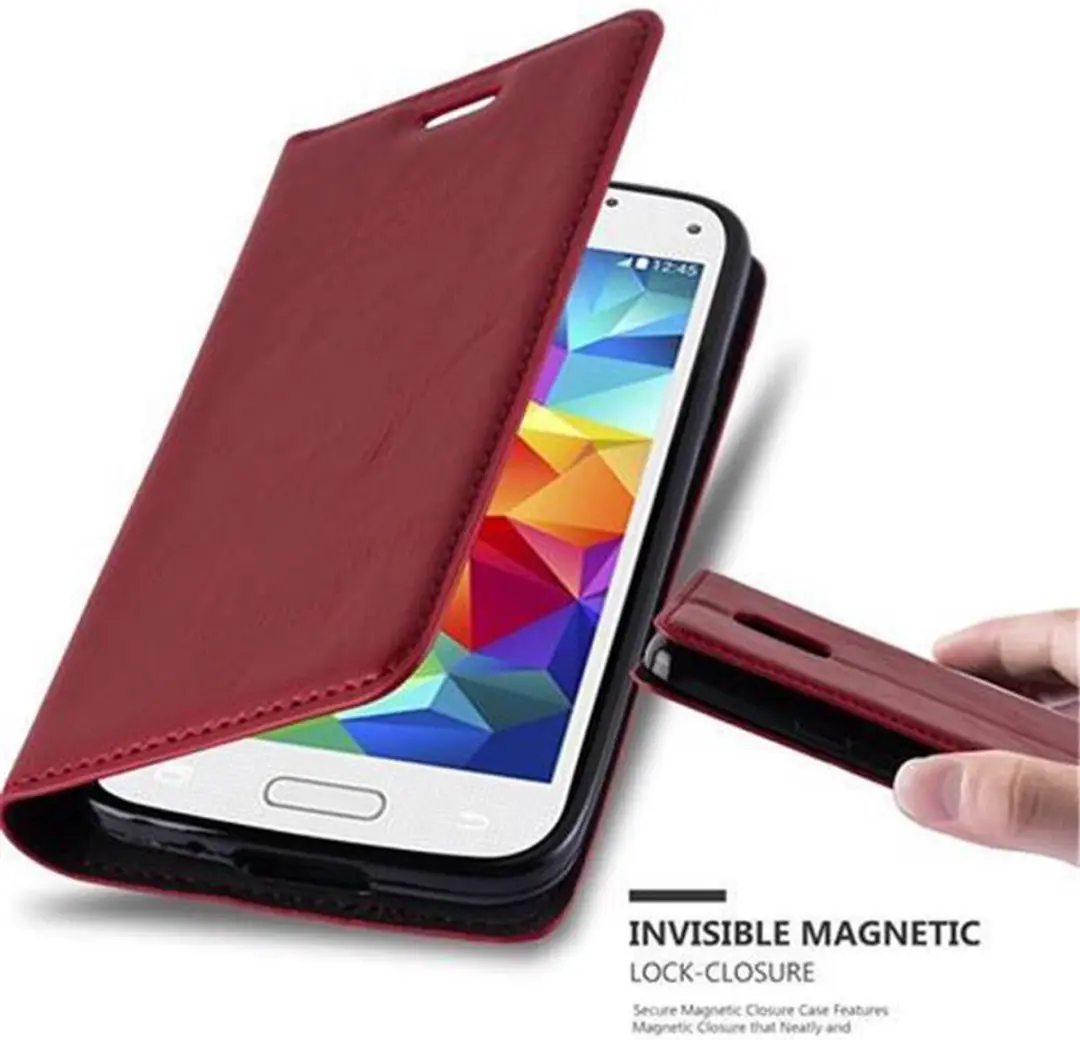 Cadorabo Hoesje geschikt voor Samsung Galaxy S5 MINI / S5 MINI DUOS in APPEL ROOD - Beschermhoes met magnetische sluiting, standfunctie en kaartvakje Book Case Cover Etui