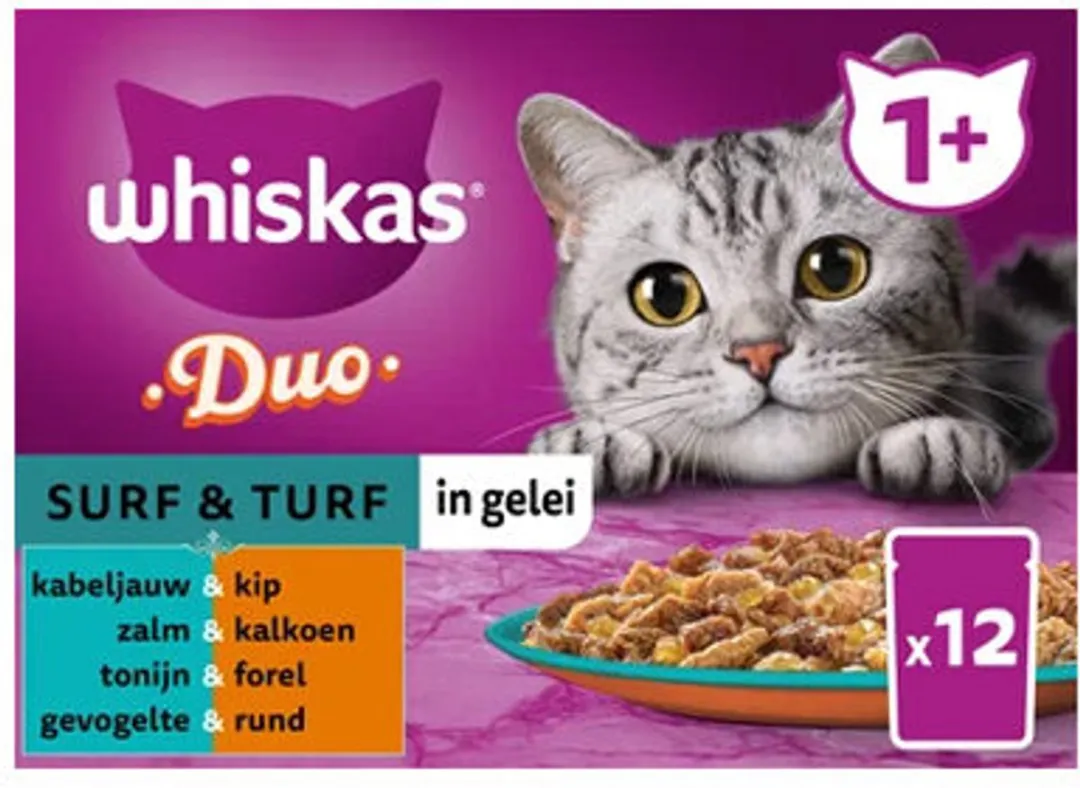 Whiskas 1+ Natvoer Duo Surf & Turf in Gelei