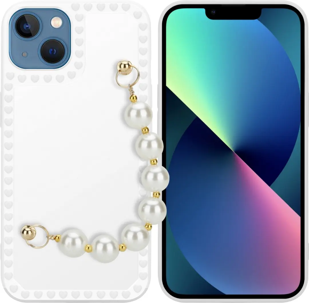 Cadorabo Hoesje geschikt voor Apple iPhone 13 in Wit met parels - Beschermhoes van flexibel TPU silicone Case Cover met polsketting
