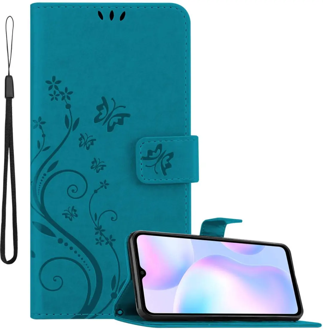 Cadorabo Hoesje geschikt voor Xiaomi RedMi 9A / RedMi 9AT in BLOEMEN BLAUW