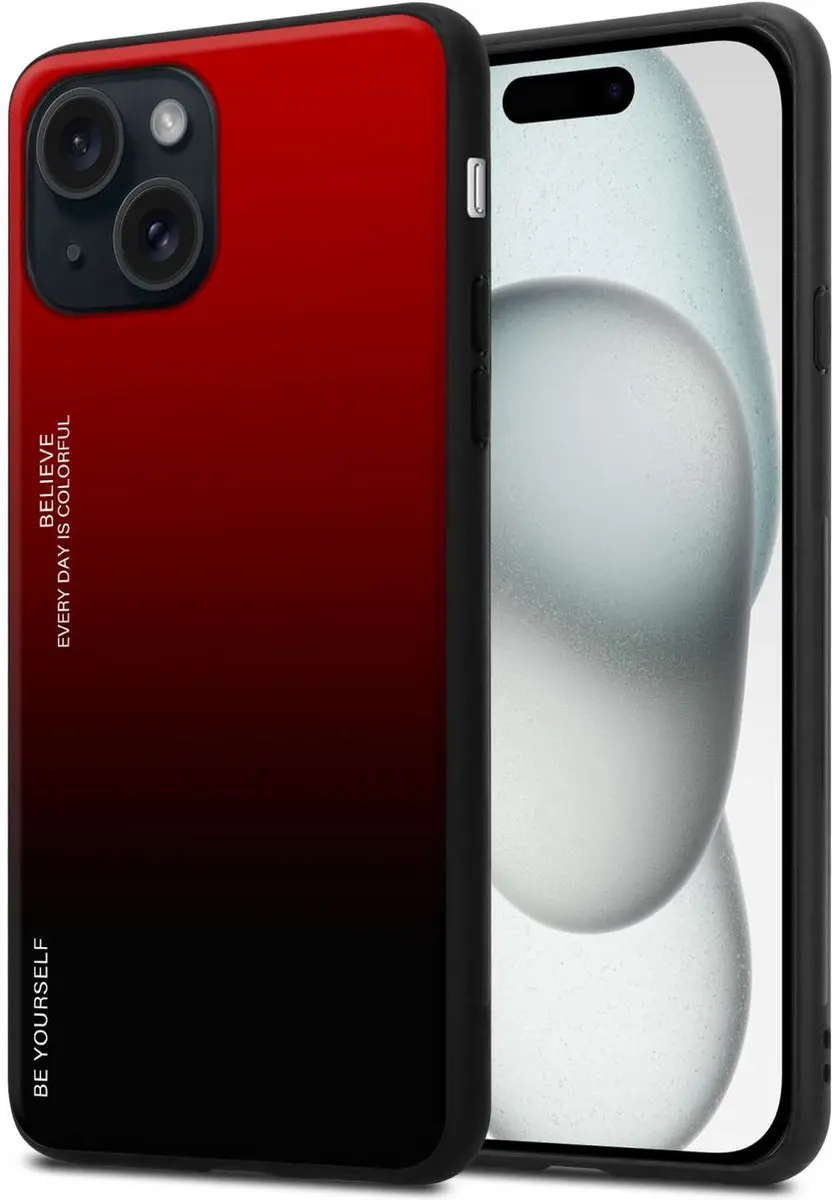 Cadorabo Hoesje geschikt voor Apple iPhone 15 PLUS in ROOD - ZWART - Tweekleurige beschermhoes van TPU-silicone Case Cover en achterzijde van gehard glas