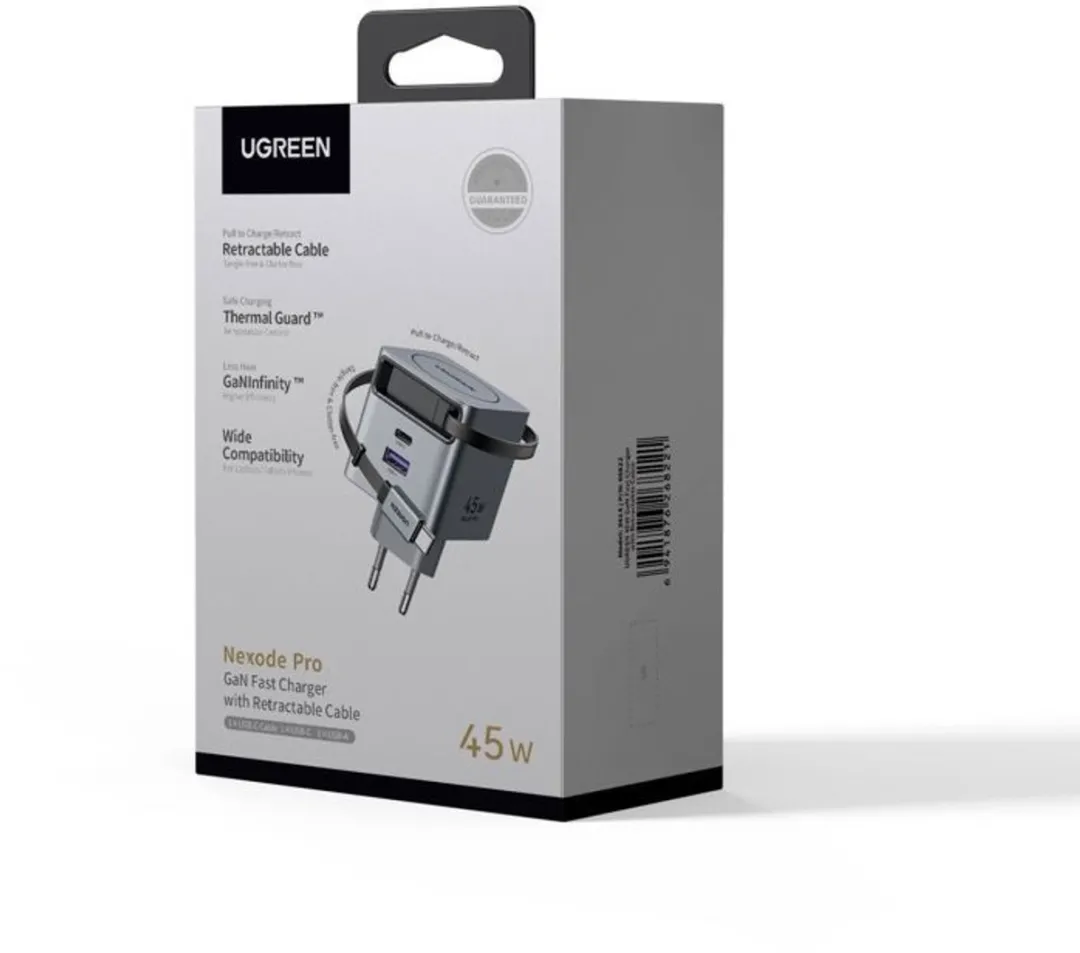 Ugreen 65825 Oplader 65W - USB-A/USB-C - 3 Outputs - Uitschuifbaar - Grijs