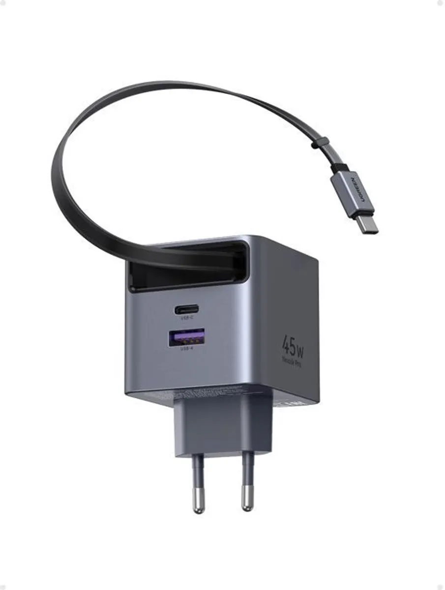 Ugreen 65825 Oplader 65W - USB-A/USB-C - 3 Outputs - Uitschuifbaar - Grijs