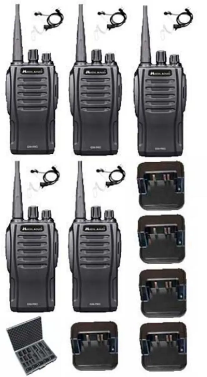 Set van 5 Midland G10 Pro Portofoon met tafellader, koffer en beveiliging oortje