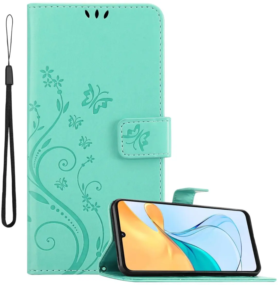 Cadorabo Hoesje geschikt voor ZTE Blade V50 Vita in BLOEMEN TURKOOIS - Beschermhoes in bloemmotief met magnetische sluiting, standfunctie en kaartsleuven Book Case Cover Etui