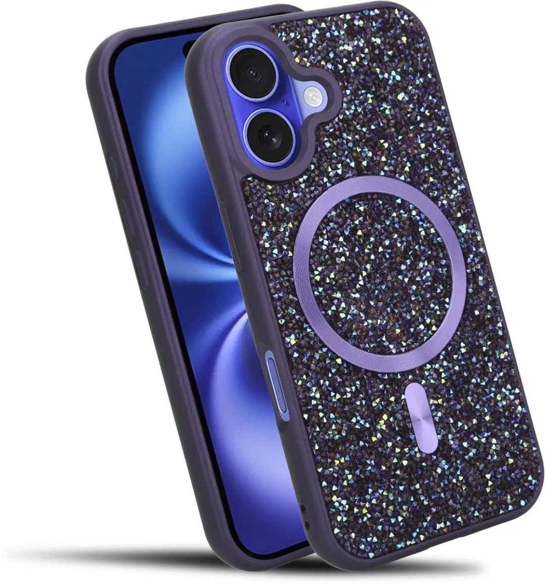 Hoesje geschikt voor iPhone 16 PLUS in Paars Diamant Glitter Stijl