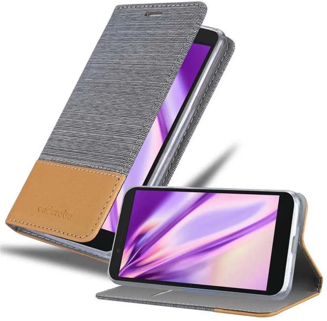 Cadorabo Hoesje geschikt voor Alcatel 1S 2019 in LICHTGRIJS BRUIN - Beschermhoes met magnetische sluiting, standfunctie en kaartvakje Book Case Cover Etui