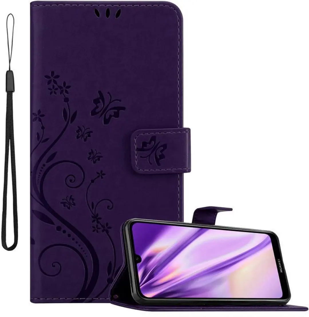 Cadorabo Hoesje geschikt voor Huawei Y6 2019 in BLOEMEN DONKER PAARS