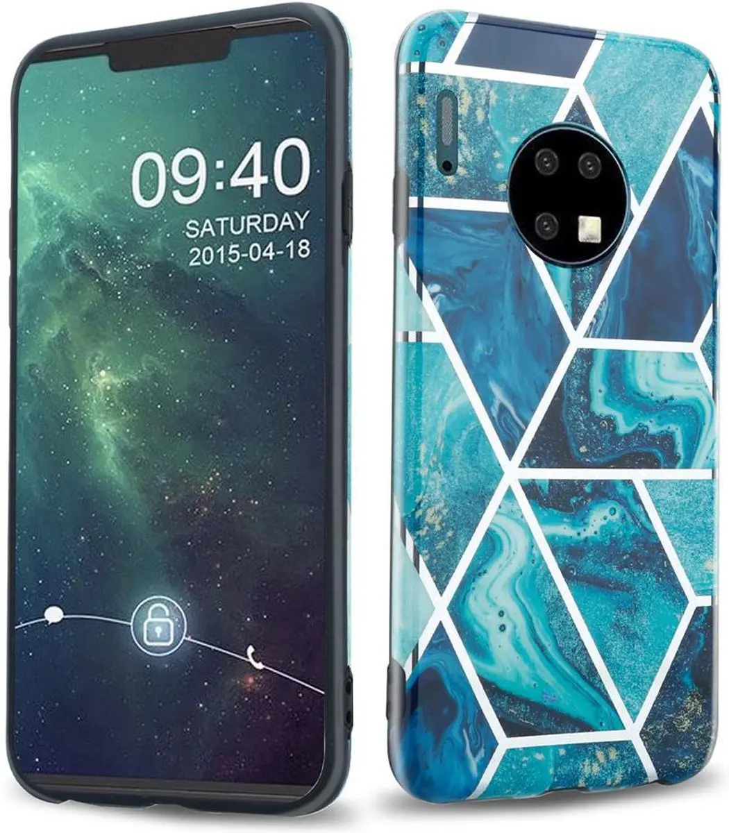 Cadorabo Hoesje geschikt voor Huawei MATE 30 in Blauwe Golf Marmer No. 13