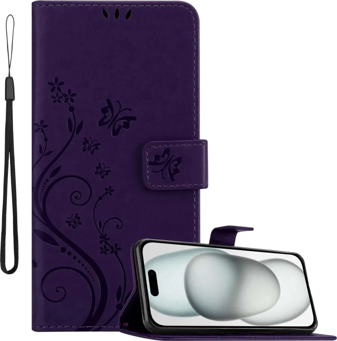 Cadorabo Hoesje geschikt voor Apple iPhone 15 PLUS in BLOEMEN DONKER PAARS - Beschermhoes in bloemmotief met magnetische sluiting, standfunctie en kaartsleuven Book Case Cover Etui