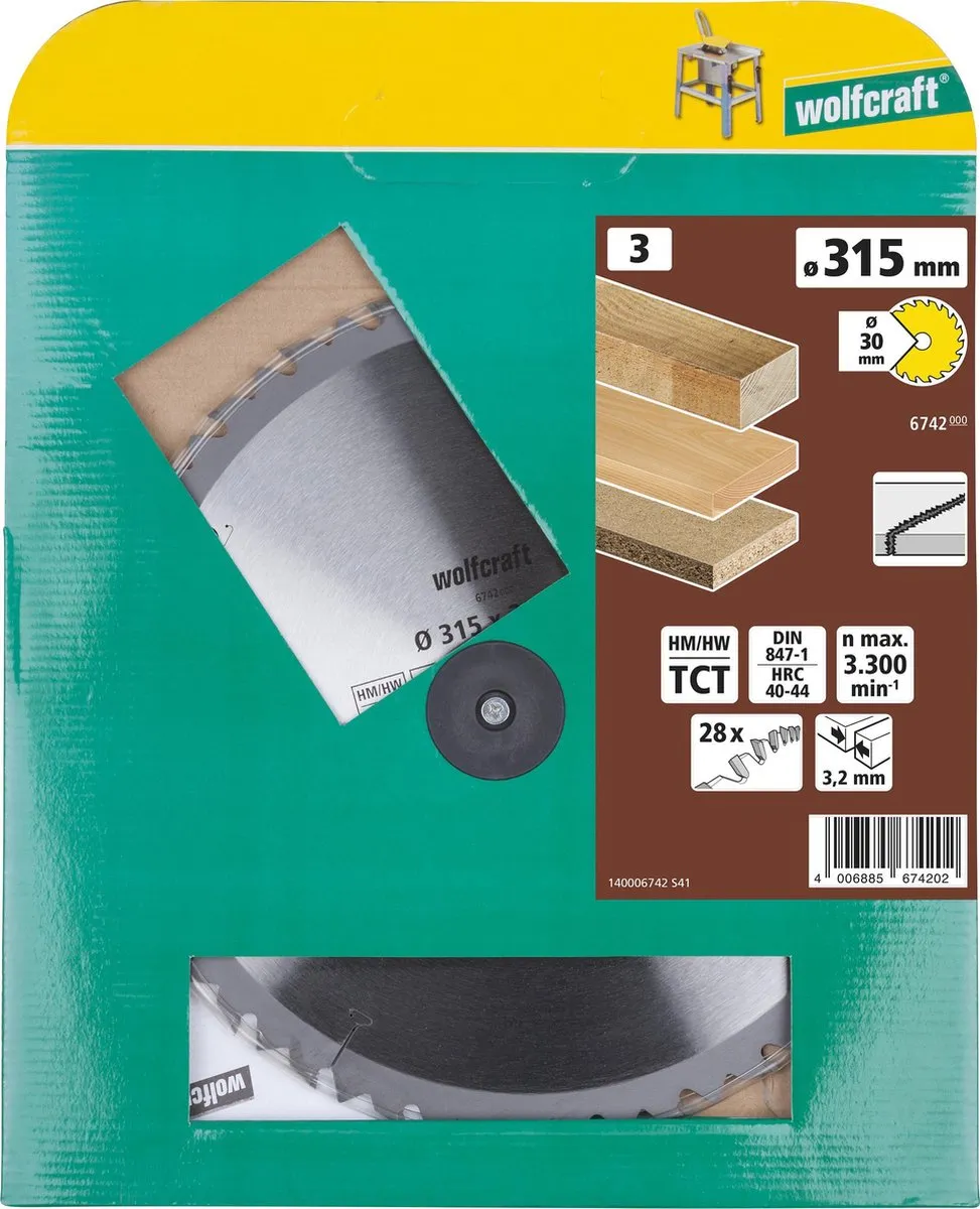 Wolfcraft 6742000 Tafelcirkelzaagblad HM - 315mm - 28 Tanden - afbeelding 3 van 3