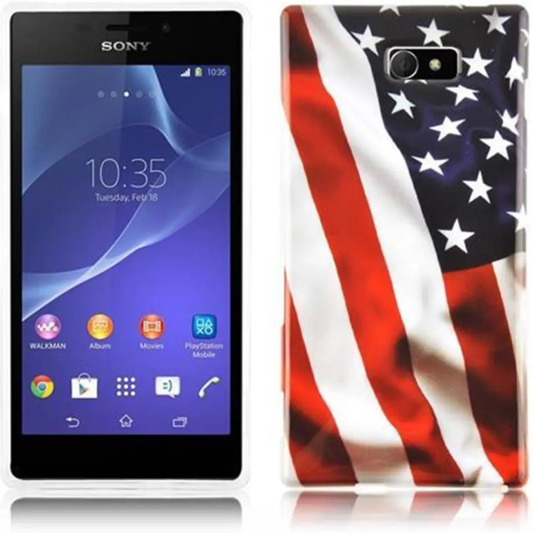 Cadorabo Hoesje geschikt voor Sony Xperia M2 / M2 AQUA met STARS AND STRIPES opdruk - Hard Case Cover beschermhoes in trendy design