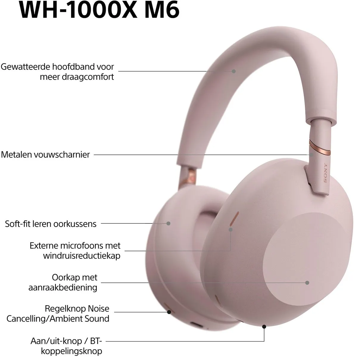 Sony WH-1000XM6 - Draadloze koptelefoon met Noise Cancelling - Roze