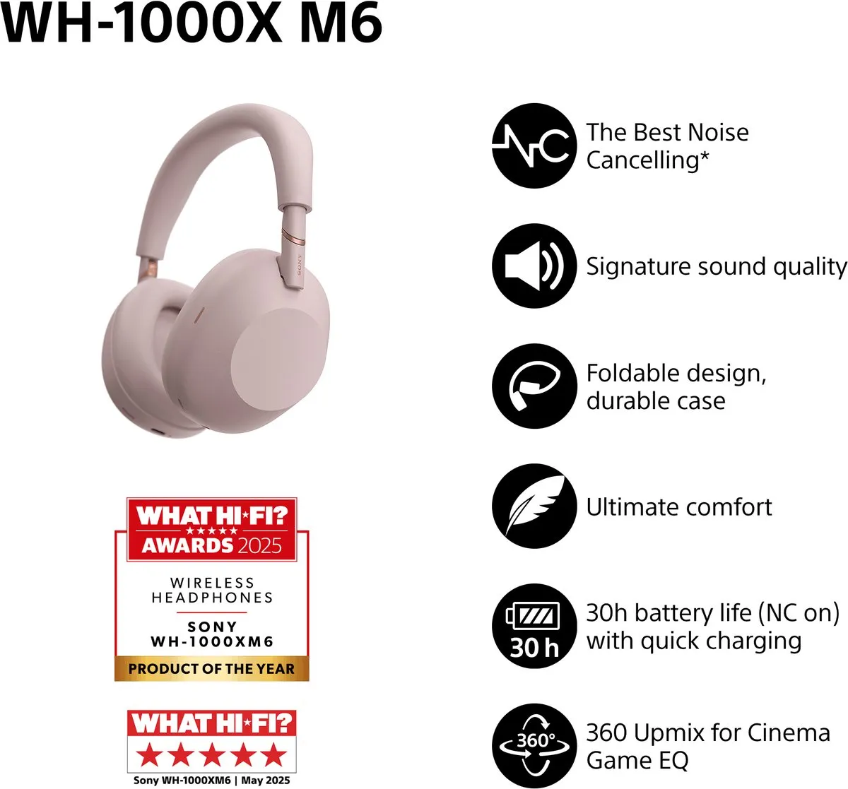 Sony WH-1000XM6 - Draadloze koptelefoon met Noise Cancelling - Roze