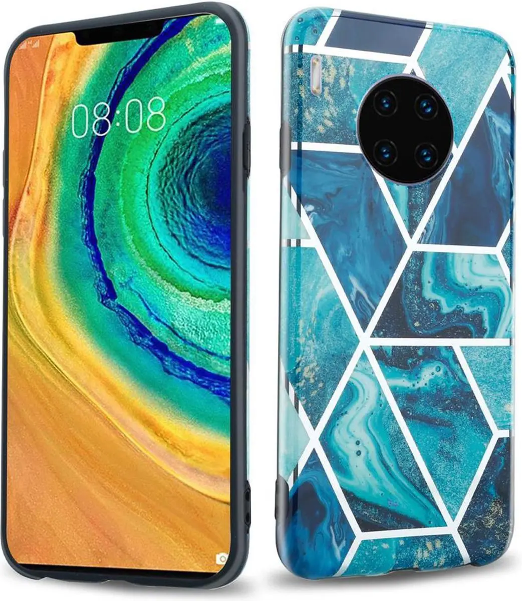 Cadorabo Hoesje geschikt voor Huawei MATE 30 PRO in Blauwe Golf Marmer No. 13