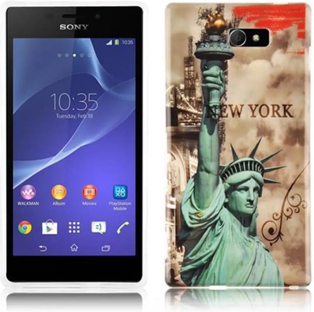 Cadorabo Hoesje geschikt voor Sony Xperia M2 / M2 AQUA met NEW YORK - VRIJHEIDSBEELD opdruk - Hard Case Cover beschermhoes in trendy design