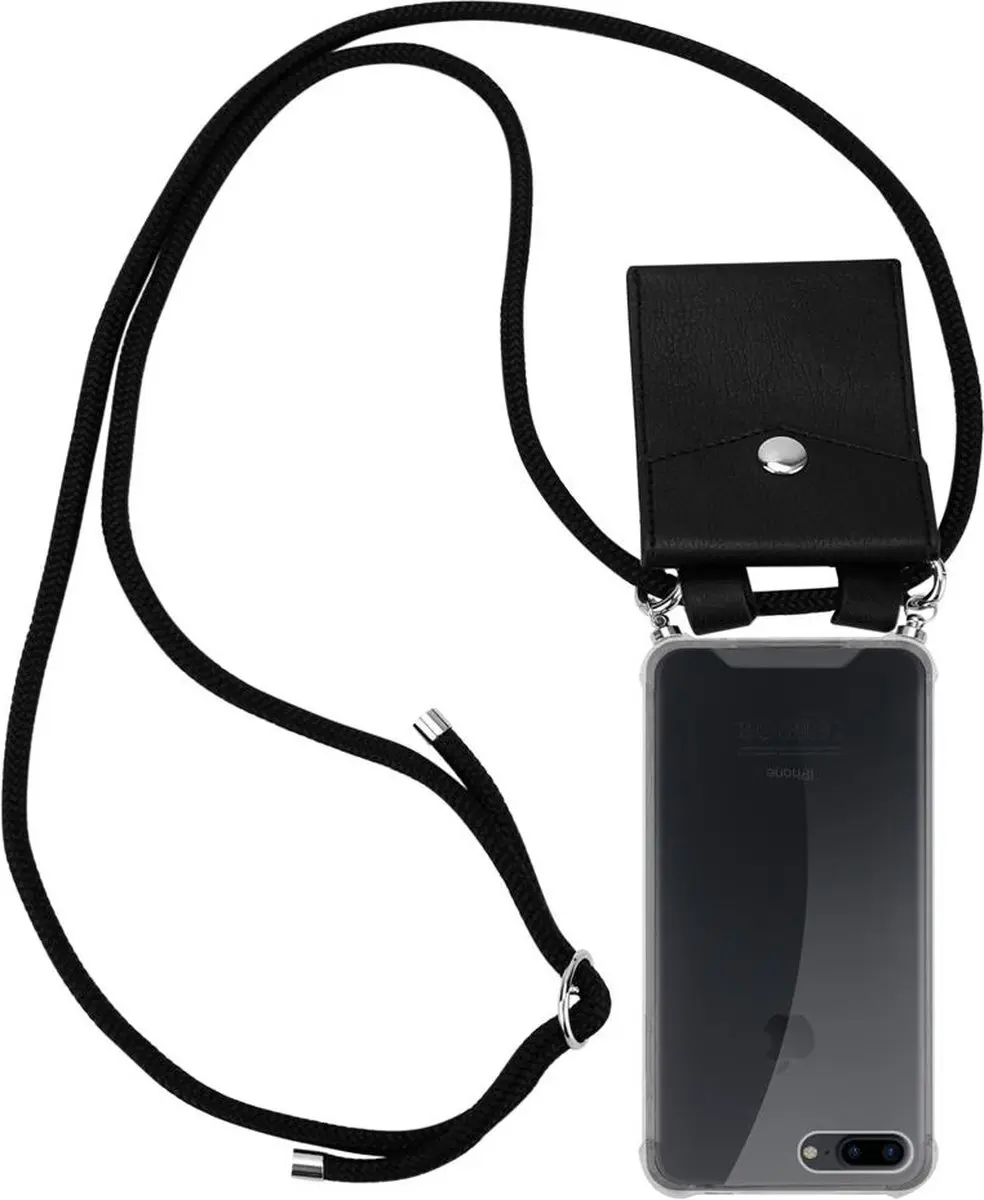 Cadorabo Hoesje geschikt voor Apple iPhone 7 PLUS / 7S PLUS / 8 PLUS in ZWART - Silicone Mobiele telefoon ketting beschermhoes met zilveren ringen, koordriem en afneembaar etui