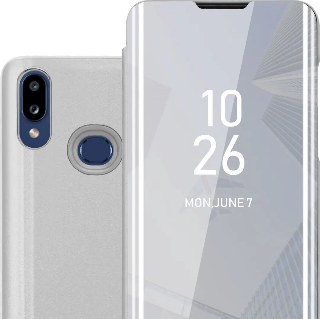 Cadorabo Hoesje geschikt voor Samsung Galaxy A10s / M01s in AGAAT ZILVER - Clear View Spiegel Beschermende Case met Tribunefunctie 360 Graden Bescherming Book Case Cover Etui