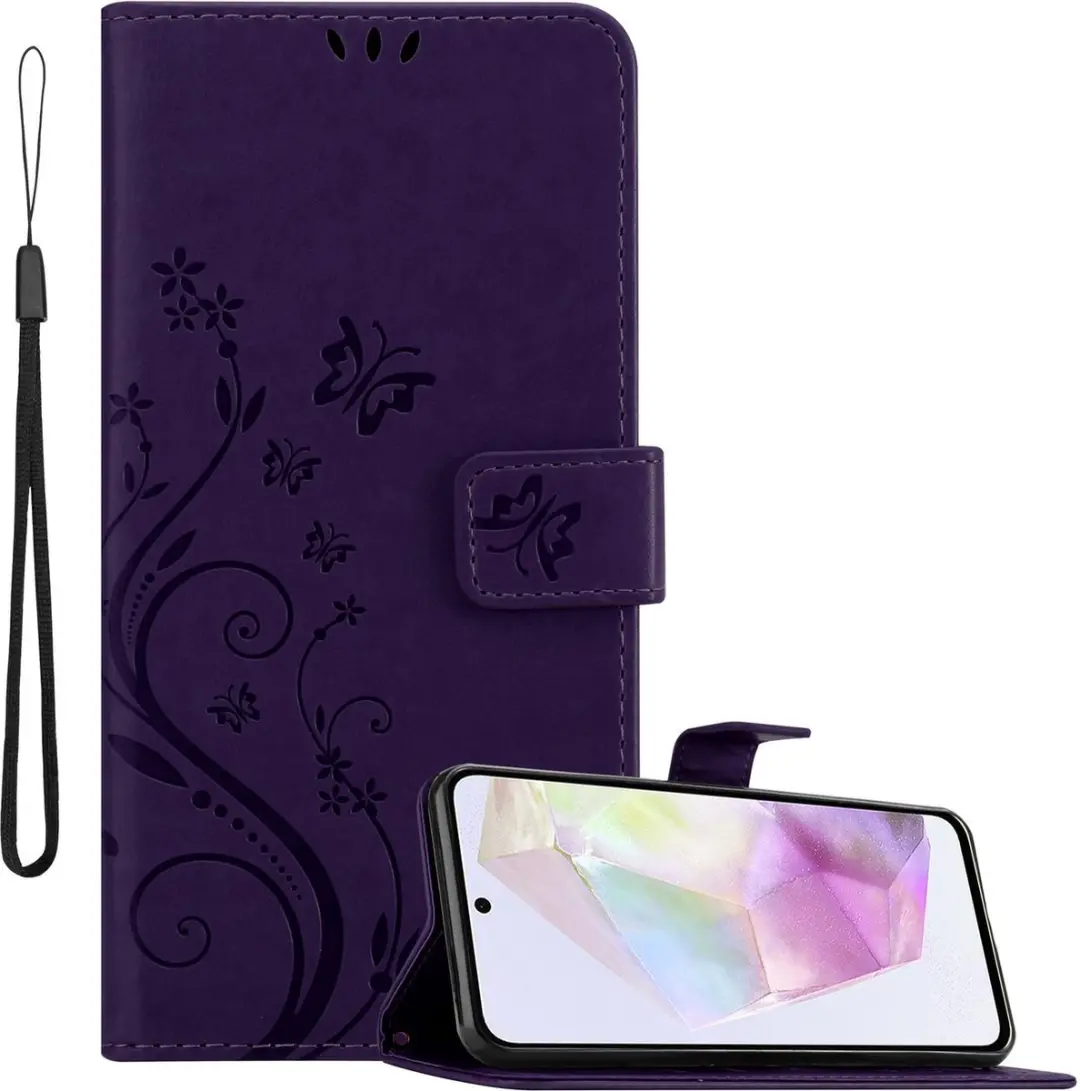 Cadorabo Hoesje geschikt voor Samsung Galaxy A35 in BLOEMEN DONKER PAARS - Beschermhoes in bloemmotief met magnetische sluiting, standfunctie en kaartsleuven Book Case Cover Etui
