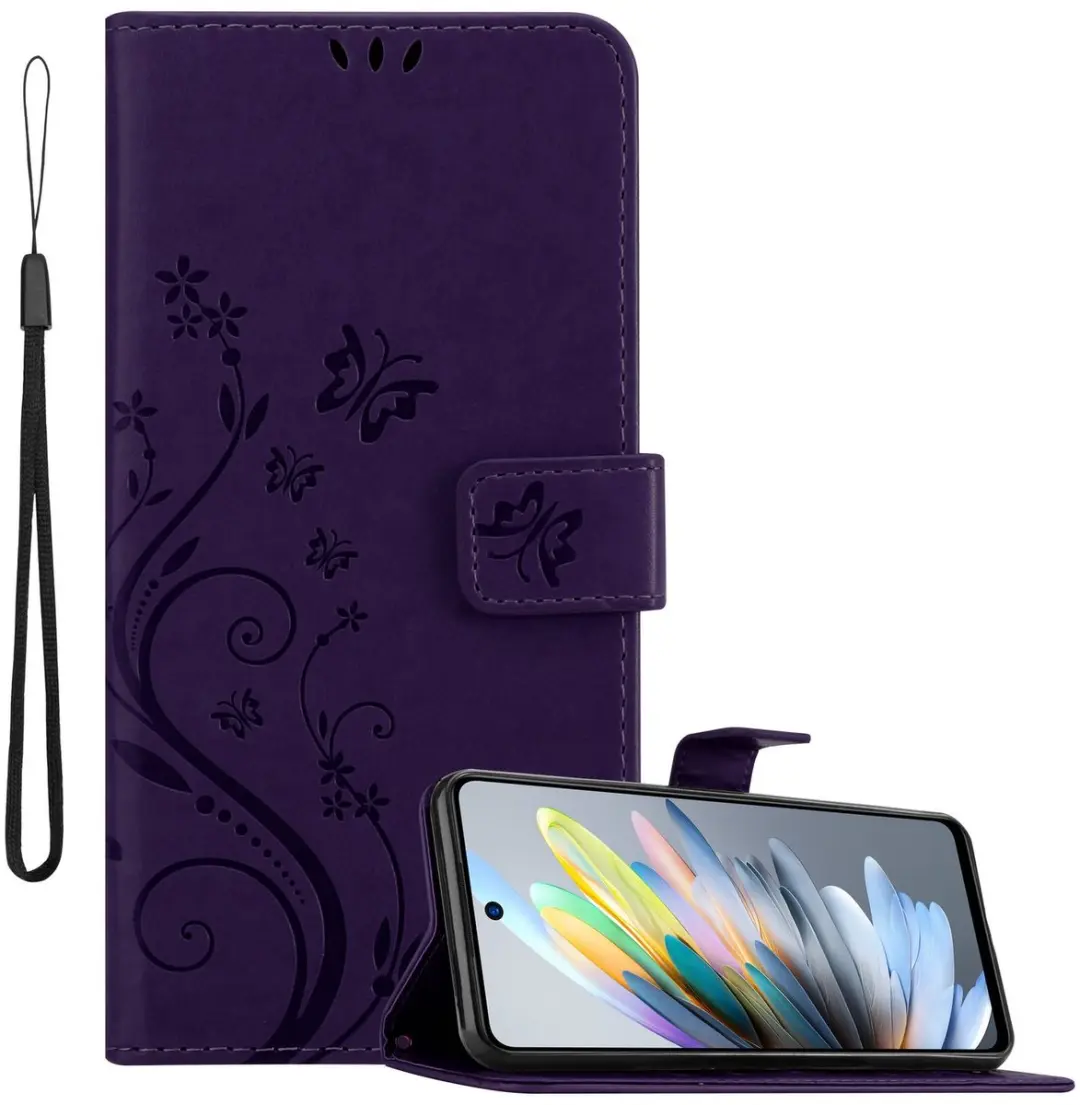 Cadorabo Hoesje geschikt voor ZTE Blade A75 4G in BLOEMEN DONKER PAARS - Beschermhoes in bloemmotief met magnetische sluiting, standfunctie en kaartsleuven Book Case Cover Etui