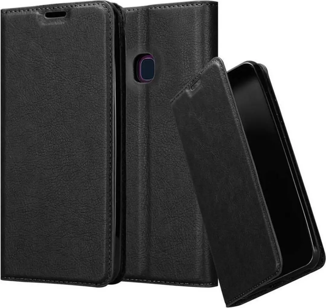 Cadorabo Hoesje geschikt voor Samsung Galaxy A10e / A20e in ZWARTE NACHT - Beschermhoes met magnetische sluiting, standfunctie en kaartvakje Book Case Cover Etui
