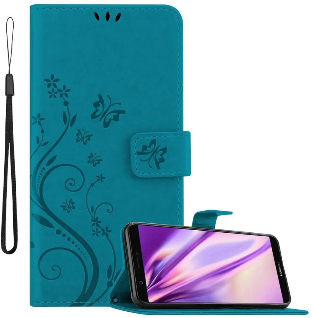 Cadorabo Hoesje geschikt voor Huawei P SMART 2018 / Enjoy 7S in BLOEMEN BLAUW