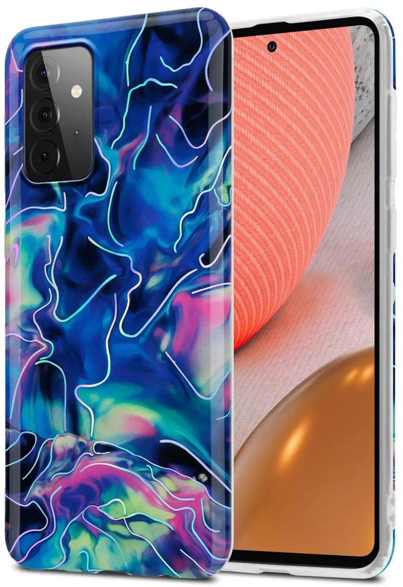 Cadorabo Hoesje geschikt voor Samsung Galaxy A72 4G / 5G in Blauw Roze marmer No