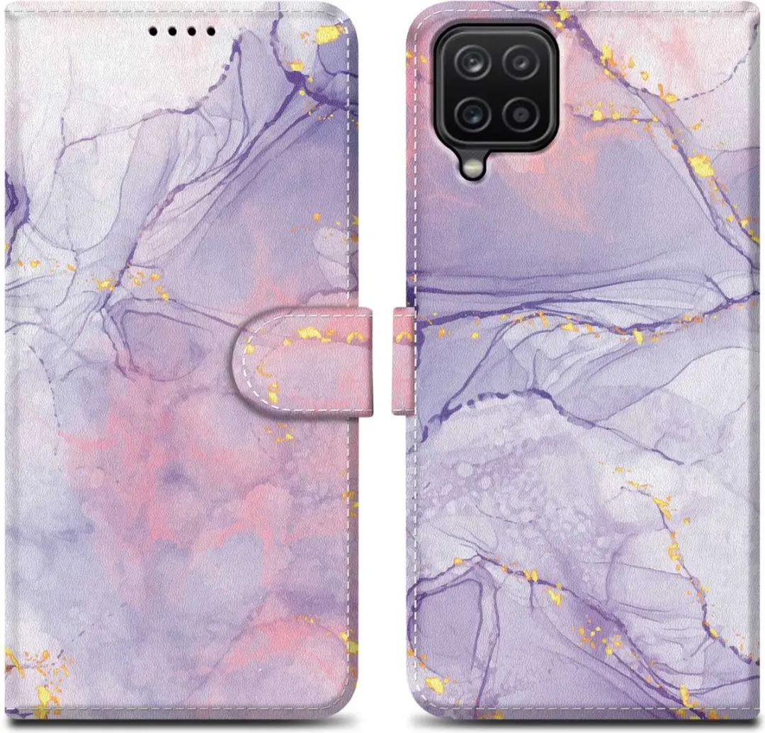 Cadorabo Hoesje geschikt voor Samsung Galaxy A12 / M12 - Design Roze Paars Marmer No. 5 - Beschermhoes Case Cover met magnetische sluiting, standaardfunctie en kaartvakje