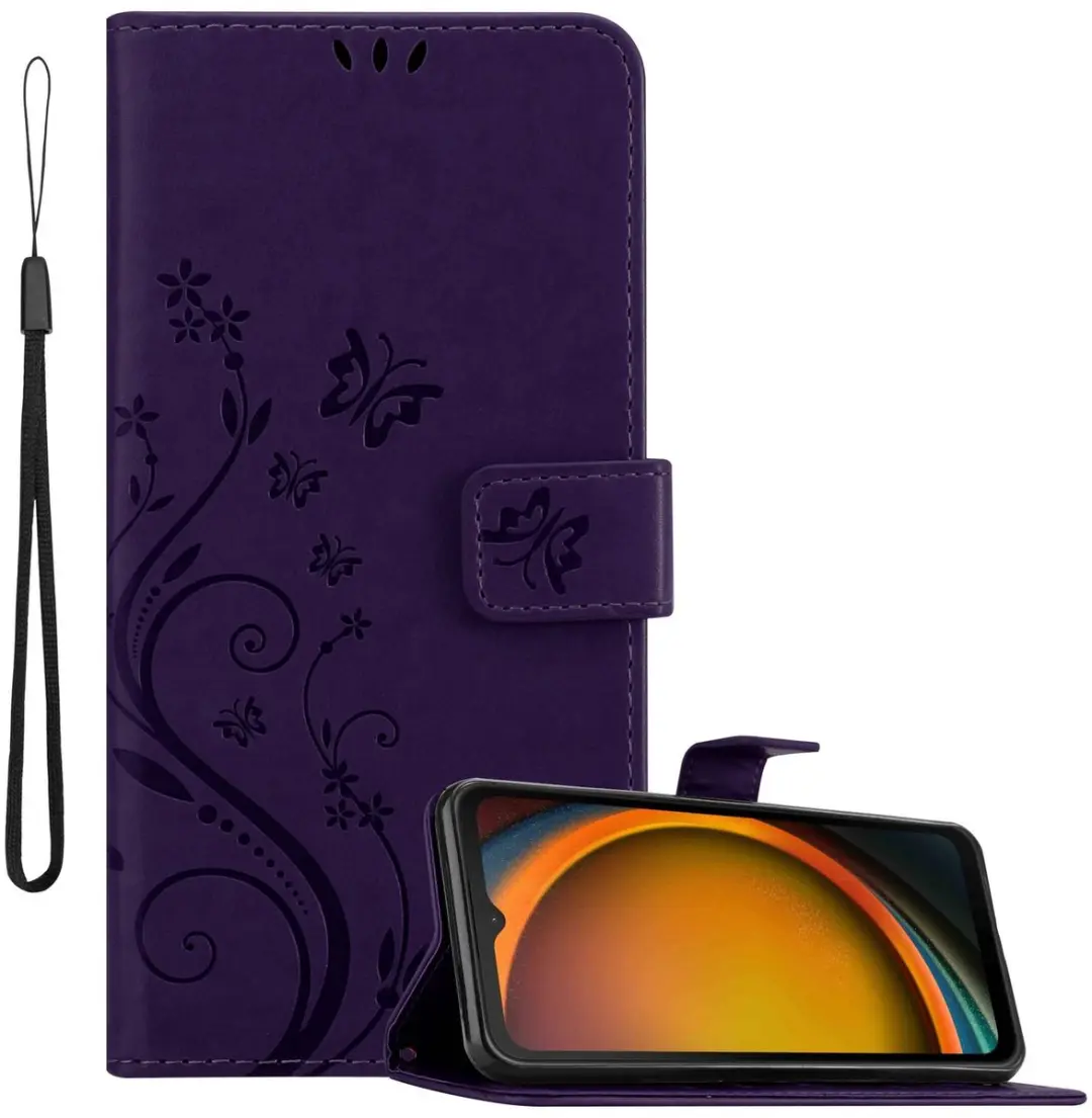 Cadorabo Hoesje geschikt voor Samsung XCover 7 in BLOEMEN DONKER PAARS - Beschermhoes in bloemmotief met magnetische sluiting, standfunctie en kaartsleuven Book Case Cover Etui