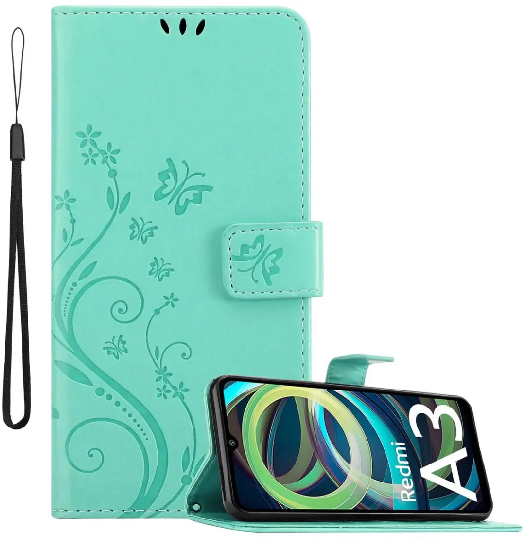 Cadorabo Hoesje geschikt voor Xiaomi RedMi A3 / A3X in BLOEMEN TURKOOIS - Beschermhoes in bloemmotief met magnetische sluiting, standfunctie en kaartsleuven Book Case Cover Etui